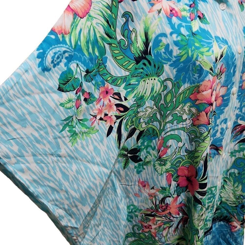 Tommy Bahama Ladies Sz L/XL Aqua Fleur De Flora Boyfriend Button Down Tunic - Picture 2 of 7